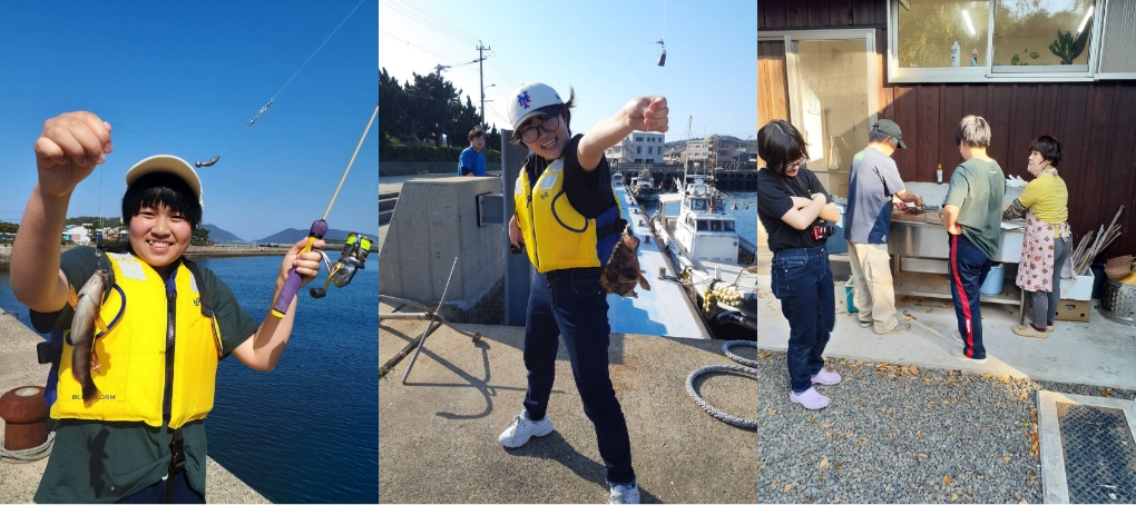 魚釣り体験を楽しむ黄色いジャケットを着た少年と、魚捌き体験を行う高校生たちの3枚並びの写真