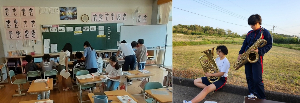 小学校の教室内でタブレットを使用している授業風景と、ユーフォニアムの練習をしている2人の寮生の2枚並びの写真