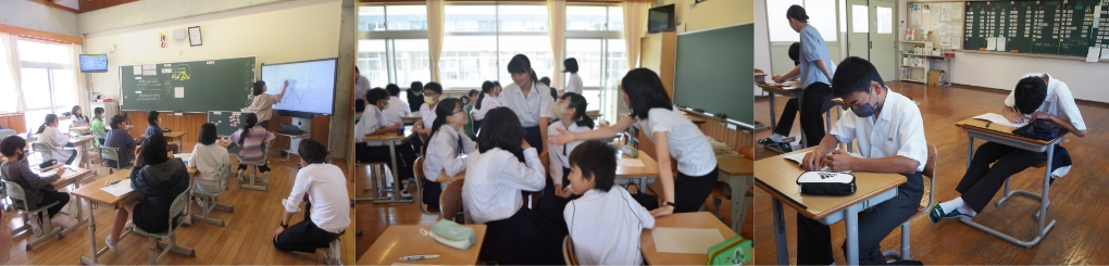 小学校での電子黒板等を活用した授業風景、中学校でのグループ活動の様子、高校での少人数のきめ細かな授業の3枚並びの写真