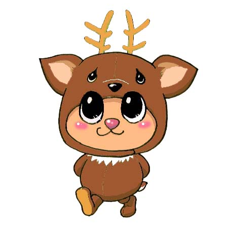 キュウシュウジカの着ぐるみを着た男の子、「ちかまる君」が手を後ろに回して歩いているイラスト