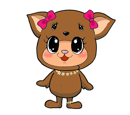 頭にピンク色のリボンを付けたキュウシュウジカの着ぐるみを着た女の子、「はなちゃん」が立っているイラスト