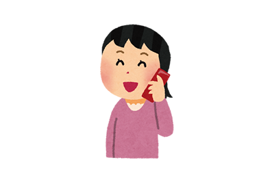 左手で携帯電話を耳に当て笑顔の女性のイラスト