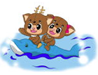 キュウシュウジカの着ぐるみを着た「ちかまる君」と「はなちゃん」が、海でイルカに乗っているイラスト
