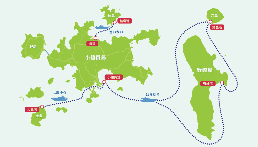 はまゆうとさいかいの巡回ルートが青く示された地図